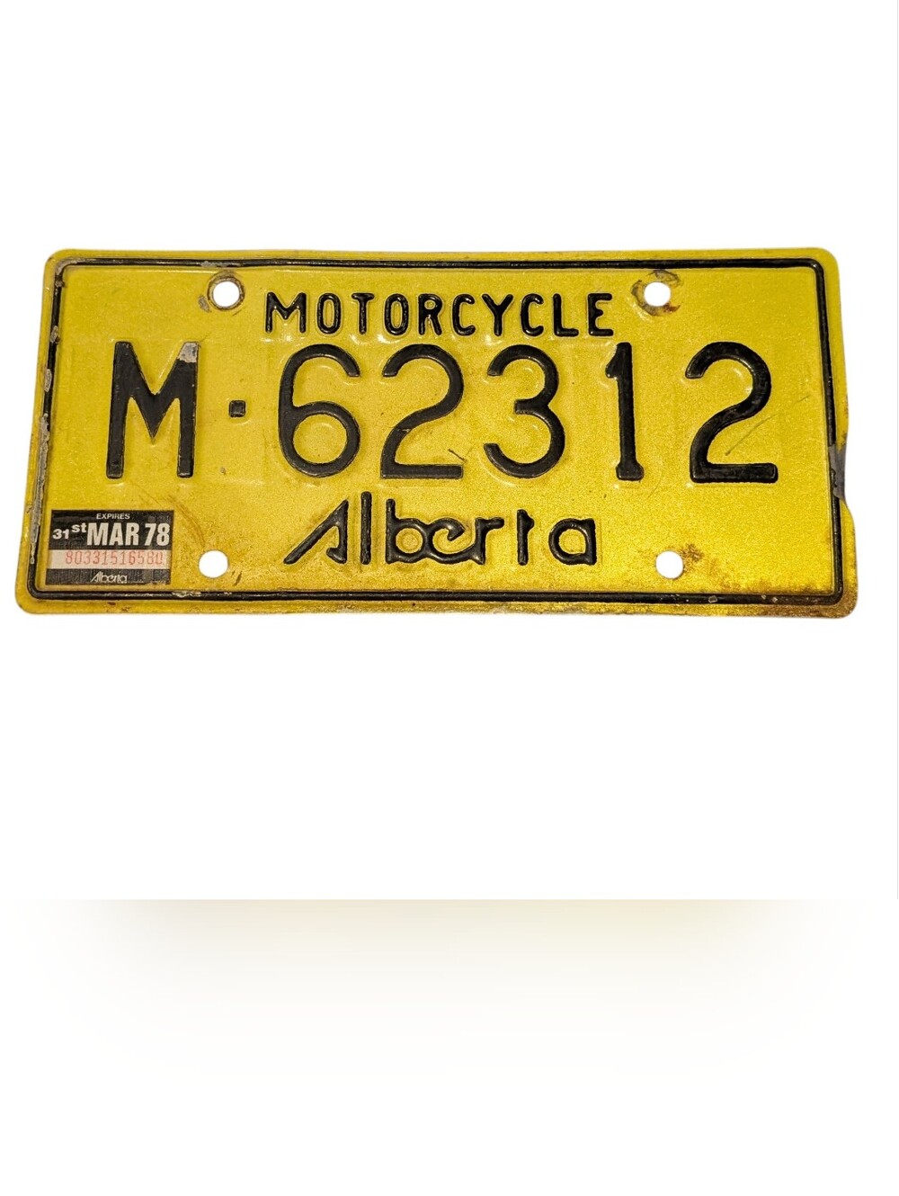 Vintage 1978 Tag Alberta Motorcycle Licence Plate Tag - Motorbike